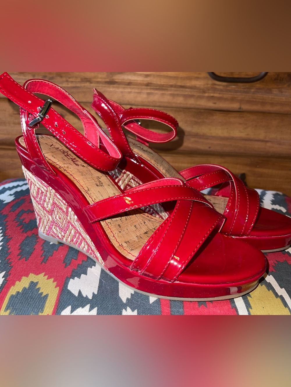 Xappeal Red Patent Wedge Sandals with Braided Espadrille Heel